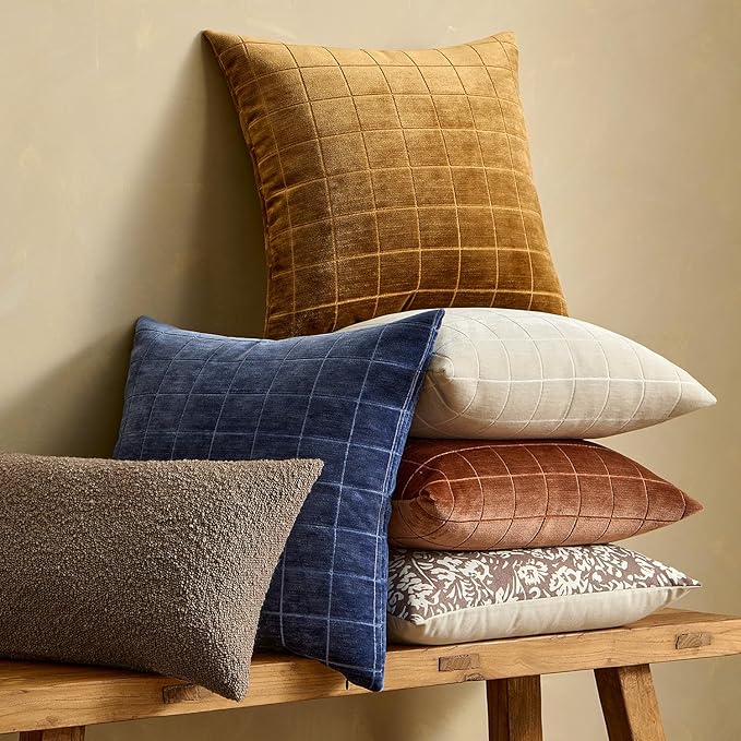 MIULEE Decorative Chenille Check Throw Pillow Covers Vintage Plaid Couch Pillows 18x18 Inch Set of 2 Neutral Boho Farmhouse Cushion Covers Modern Home Decor for Sofa Bed Living Room Brown Sugar