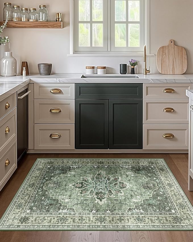RELEANY Area Rugs 3'x4' Washable Non-Slip, Floral Vintage Distress Print Pattern Medallion Carpet for Living Room Bedroom Dining Room, Dark Green Gray