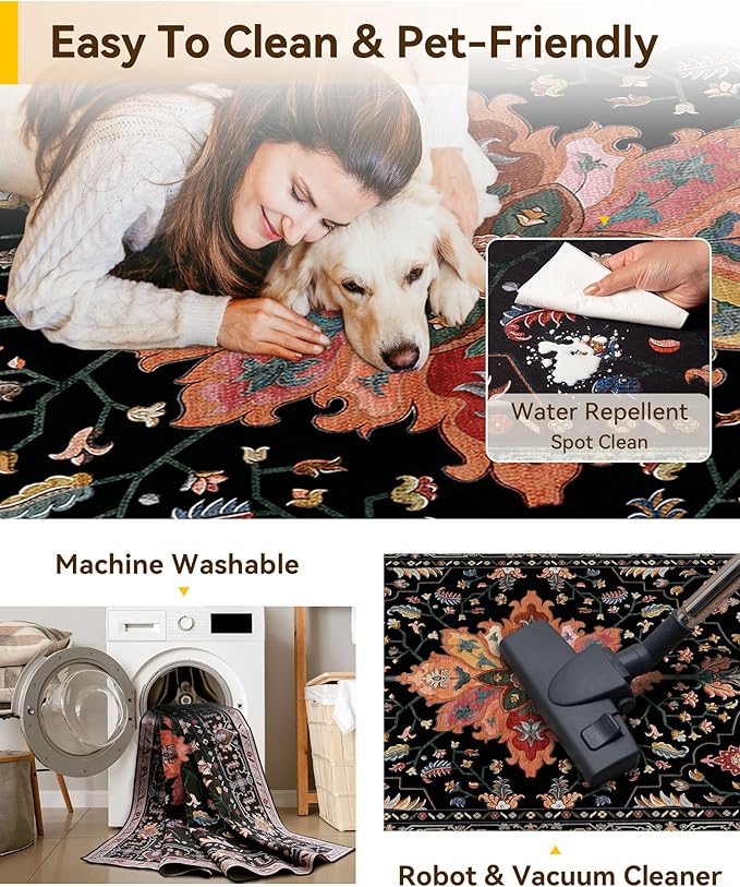 RELEANY Area Rugs 2'x8' Runner Rug Non Slip Washable for Kitchen Hallway Bedroom Beside Laundry Room Bathroom Rug, Floor Carpet, Black Colorful Floral Dark Tan