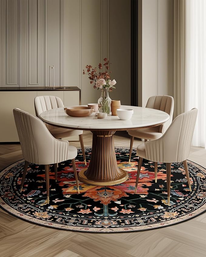 RELEANY Area Rugs 8ft Washable Non-Slip, Floral Vintage Distress Print Pattern Medallion Carpet for Living Room Bedroom Dining Room, Black Colorful Floral Dark Tan