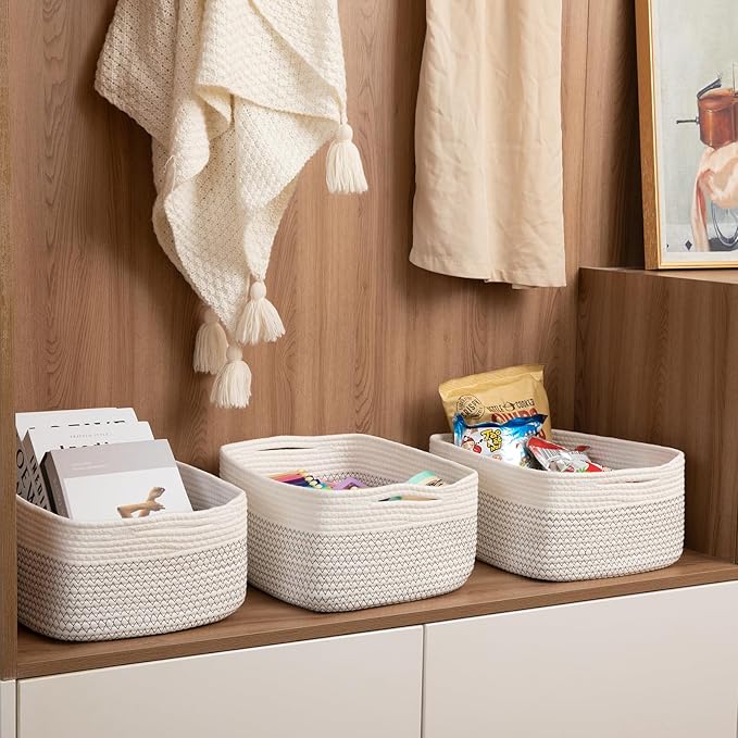 OIASKET Storage Baskets for Organizing 3 Pack, Woven Baskets for Shelves, Closet Organizer Bins Empty Gift Basket Toy Storage for Toys, Books, Towels, Clothes, 15"x11.42"x6.7", White & Black