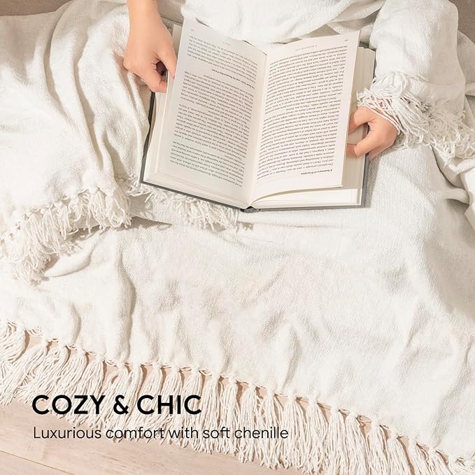 RECYCO Throw Blanket Soft Cozy Chenille Throw Blanket with Fringe Tassel for Couch Sofa Chair Bed Living Room Gift (Ivory White, 50" x 60")