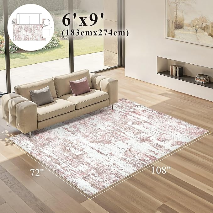 Area Rugs for Living Room: 6x9 Abstract Washable Rug Modern Neutral Large Soft Stain Resistant Non-Slip Backing Machine Table for Bedroom Dining Room Indoor Home Office Carpet - Pink