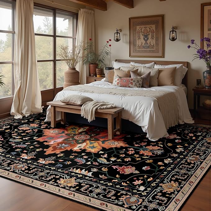 RELEANY Area Rugs 6'x9' Washable Non-Slip, Floral Vintage Distress Print Pattern Medallion Carpet for Living Room Bedroom Dining Room, Black Colorful Floral Dark Tan