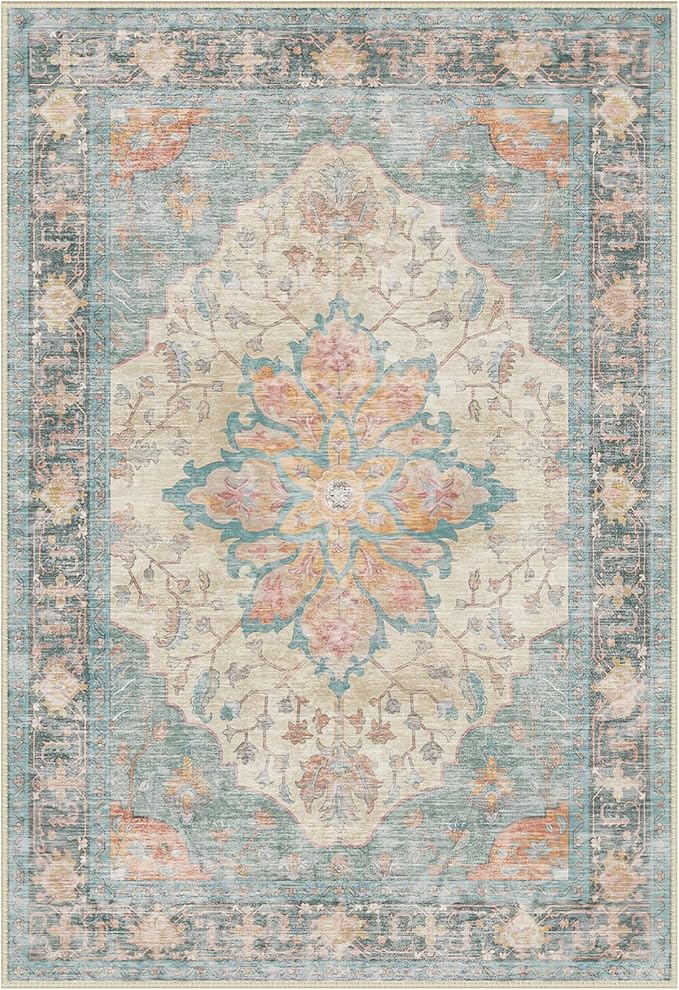 RELEANY Area Rugs Round 8ft Washable Non-Slip, Floral Vintage Distress Print Pattern Medallion Carpet for Living Room Bedroom Dining Room, Blue Orange Red