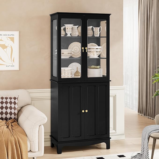 72" Tall Kitchen Pantry Cabinet with Glass Door and Adjustable Shelves, Vintage Food Storage Cabinet for Kitchen, Dining Room, Living Room, Black