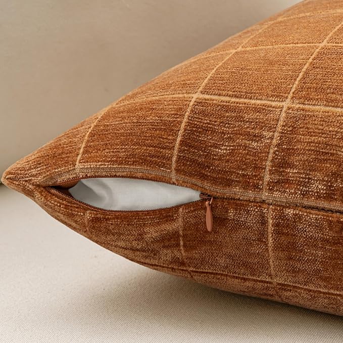 MIULEE Decorative Chenille Check Throw Pillow Covers Vintage Plaid Couch Pillows 18x18 Inch Set of 2 Neutral Boho Farmhouse Cushion Covers Modern Spring Home Decor for Sofa Bed Living Room Bronze