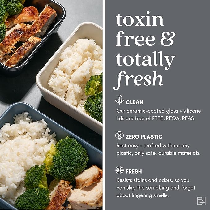 Ceramic Coated Glass Food Storage Containers | No PTFE, PFOA, PFAS, and BPA | Reusable Non Toxic Meal Prep Containers with Glass Lids | Easy To Store | 10 Piece Set [Crema]