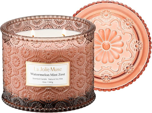 LA JOLIE MUSE Watermelon Mint Zest Candle - Eucalyptus, Sage, Lavender | 12 oz Large 2-Wick Soy Wax Candle | 60 Hours Clean Burn | Gift-Ready for Hosts & Gatherings | Elegant Home Décor