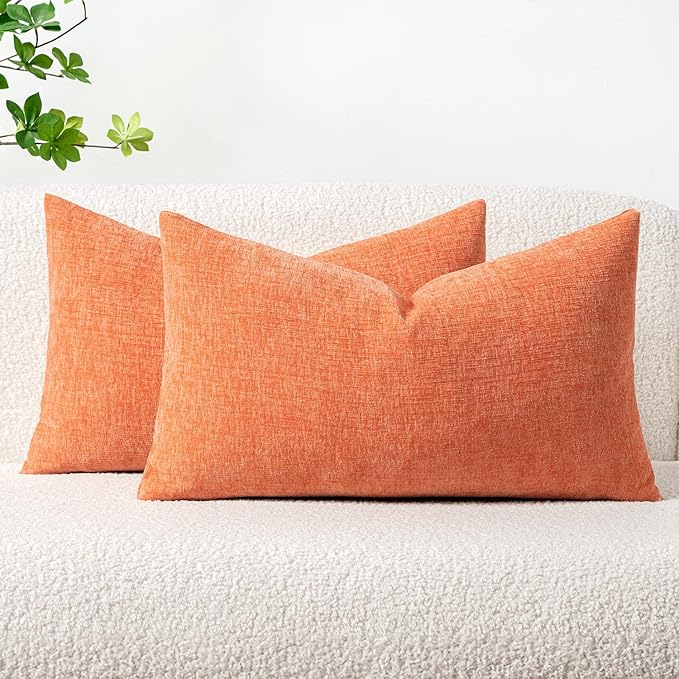 MIULEE Pack of 2 Couch Throw Pillow Covers 12x20 Inch Soft Coral Red Chenille Pillow Covers for Sofa Living Room Spring Home Decor Couch Solid Dyed Cases