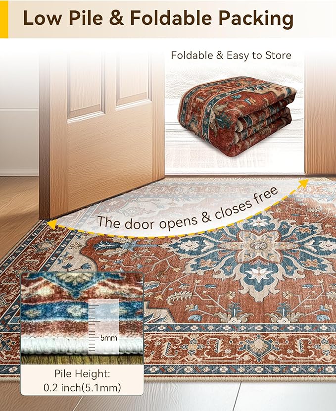 RELEANY Area Rugs Round 6ft Washable Non-Slip, Floral Vintage Distress Print Pattern Medallion Carpet for Living Room Bedroom Dining Room, Red Orange Blue Brown