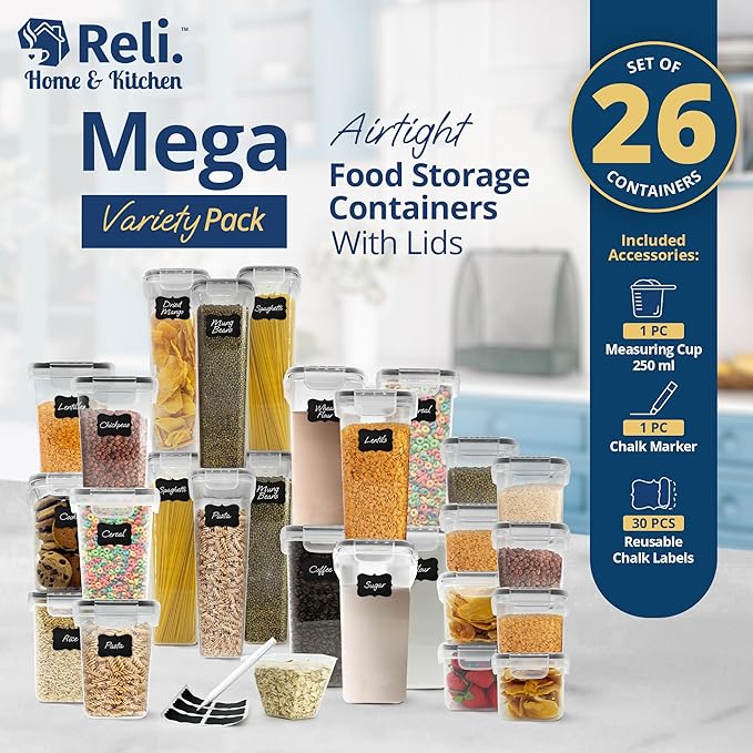 Reli. Airtight Food Storage Containers with Lids (26 Sets) | Kitchen Organizers and Storage Pantry Organizers | BPA Free Plastic Food Containers | Mega Variety Pack w/Measuring Cup, 30 Labels, Pen