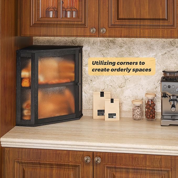 Corner Bread Box for Kitchen Countertop,Bread Storage for Homemade Bread, Double Layer Large Bamboo Kitchen Storage Bin with Window (Black, Large)