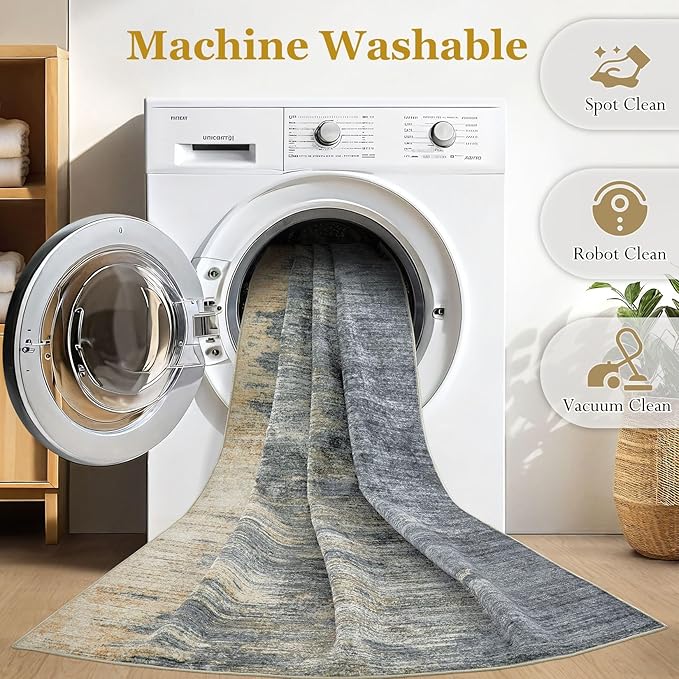 Area Rugs for Living Room: 3x5 Abstract Washable Rug Modern Neutral Large Soft Stain Resistant Non-Slip Backing Machine Table for Bedroom Dining Room Indoor Home Office Carpet - Blue Gold