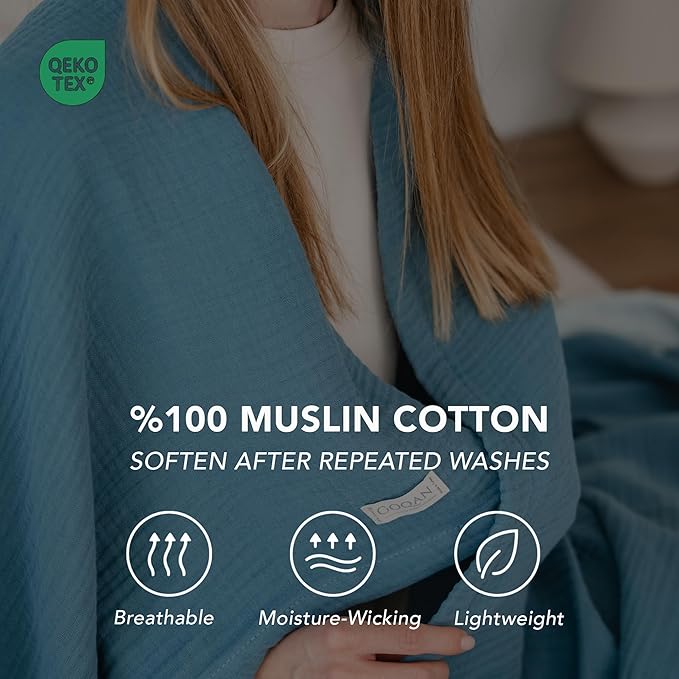 Goqan Muslin Blanket Queen 79x90 – 100% Turkish Cotton 4 Layer Boho Muslin Blanket for Adults, Four Season, Lightweight and Thin, Soft, Breathable for Bed - Teal