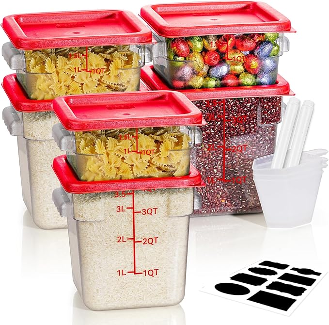 2QT4QT NSF Food Storage Containers: 6PCS [Food Grade][Hot&Cold Resistant] Commercial Clear Food Storage Containers with Lids for Restaurant Kitchen Proof Dough, Measuring Spoons Included(Red N)