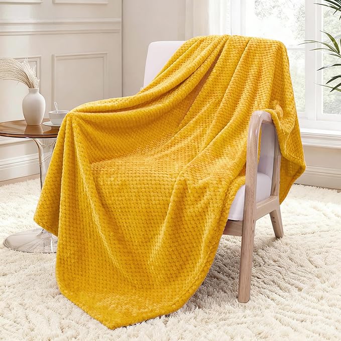 Exclusivo Mezcla Fleece Throw Blanket Extra Large, Super Soft and Warm Blankets for Couch, Sofa and Bed Waffle Textured, Cozy, Fuzzy and Lightweight (Mustard Yellow, 50x70 Inches)
