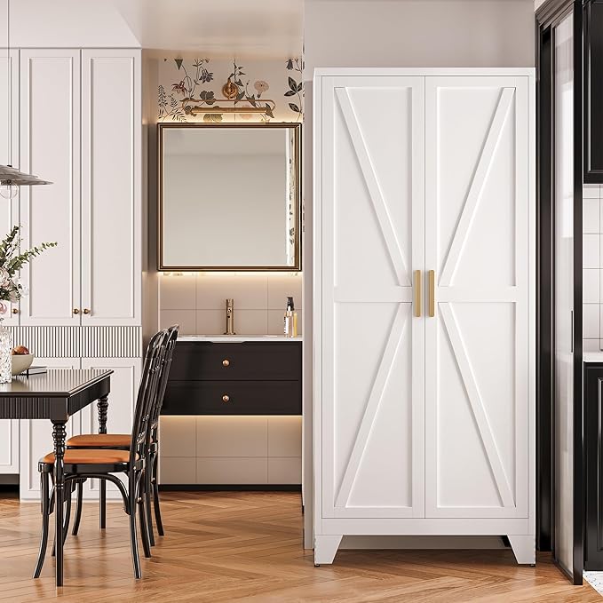 71" Storage Cabinet with Doors and Shelves, Tall Freestanding Pantry Cabinet in White with 2 Doors & 4 Adjustable Shelves, All-Steel Farmhouse Cupboard for Kitchen, Garage, Laundry Room