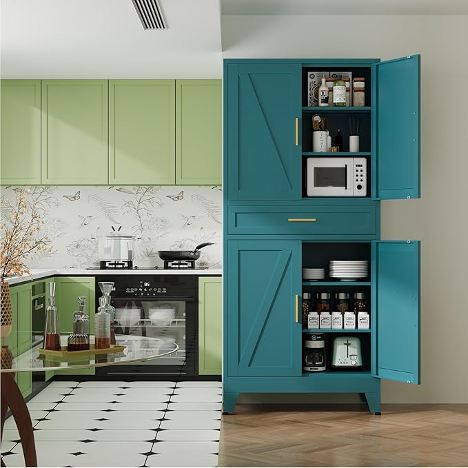 71" Pantry Cabinet in Blue, with 4 Doors & Center Drawer,Max Organization Storage Cabinet with Adjustable Shelves, Freestanding Farmhouse Storage Cupboard for Spacious Kitchen, Dining Room