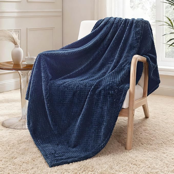 Exclusivo Mezcla Fleece Throw Blanket Extra Large, Super Soft and Warm Blankets for Couch, Sofa and Bed Waffle Textured, Cozy, Fuzzy and Lightweight (Navy Blue, 50x70 Inches)