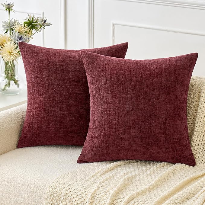MIULEE Pack of 2 Christmas Wine Red Couch Throw Pillow Covers 20x20 Inch Soft Chenille Pillow Covers for Sofa Living Room Solid Dyed Pillow Cases