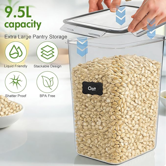 ALSO GO 2 PC Extra Large Food Storage Containers with Lids Airtight, 9.5L, 335Oz, Clear Plastic Kitchen and Pantry Storage Containers, Bulk Storage for Cereal, Flour, Sugar, Rice