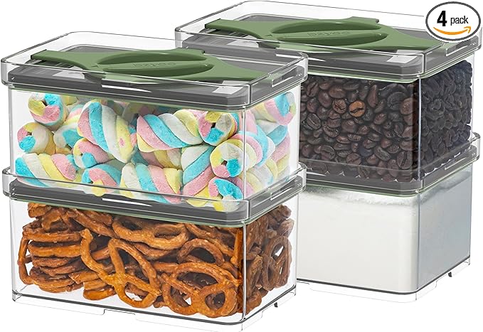 4-Pack Small Pantry Containers, 0.8 QT/0.76 L Clear SAN Food Storage Canisters with Twist-Lock Lids, Stackable for Sugar, Tea Bags, Seasoning, Nuts, Snacks (Green)