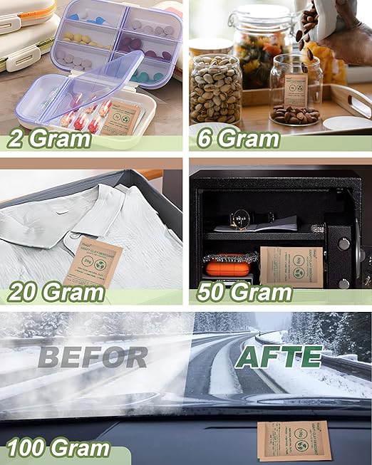 6 Gram (50 Pack) Kraft Clay Desiccants Packs, Premium Food Grade Desiccant - Rechargeable Moisture Absorbers for Food Storage, Electronics, 3D Filament & Safes