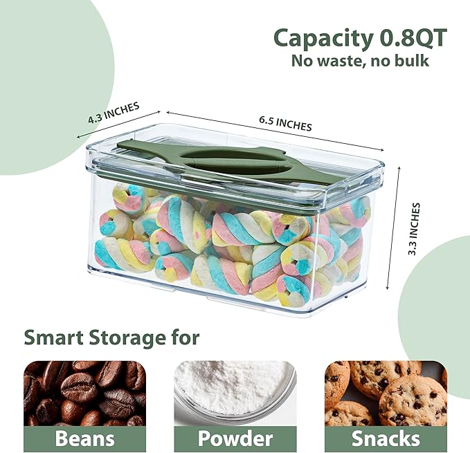 4-Pack Small Pantry Containers, 0.8 QT/0.76 L Clear SAN Food Storage Canisters with Twist-Lock Lids, Stackable for Sugar, Tea Bags, Seasoning, Nuts, Snacks (Green)