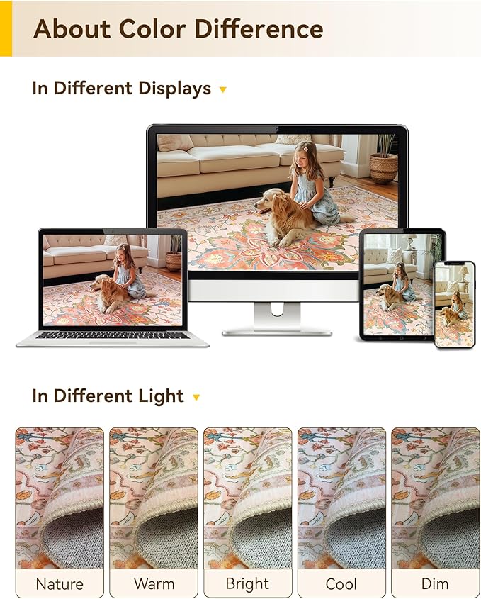 RELEANY Area Rugs Square 4ft Washable Non-Slip, Floral Vintage Distress Print Pattern Medallion Carpet for Living Room Bedroom Dining Room, Light Pink Colorful