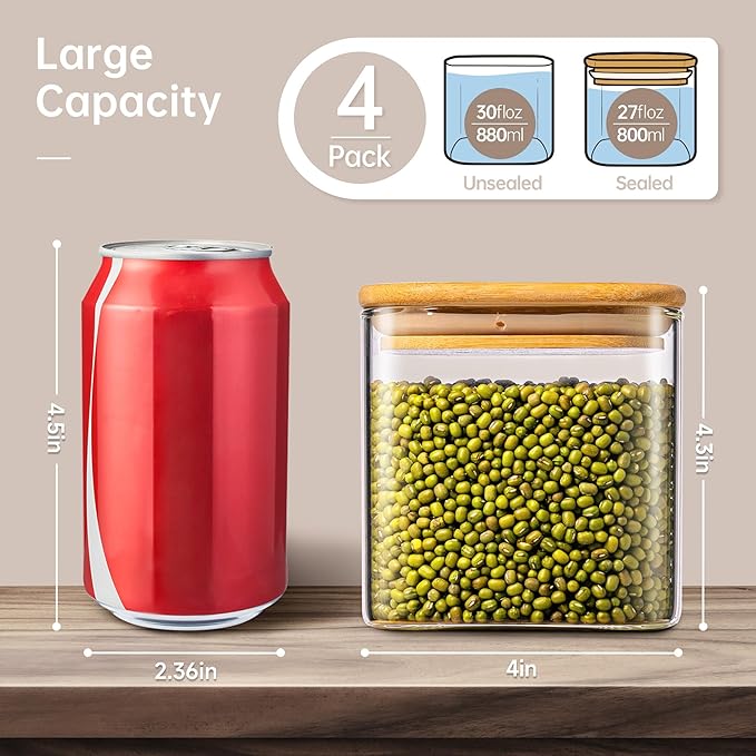 27oz - 4 Pack Square Glass Jars with Bamboo Lids, Glass Food Storage Containers with Airtight Lids for Kitchen, Air Tight Pantry Storage Containers