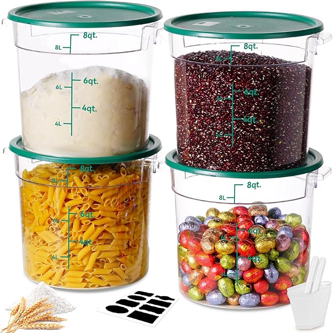 6QT NSF Round Food Storage Containers with Lids: 4 PCS [Total Food Grade][Hot&Cold Resistant] Dough Proofing Container for Pizza, Bread with Measuring Spoons Included(BPA FREE) (GREEN)