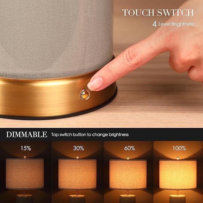 O’Bright Dune - Battery Powered Table Lamp, Rechargeable Cordless Ceramic Lamp, Full-Size 24 Inch Height, 4-Level Dimming, Smart Safety Protection, Type-C Fast Charging, LED Bulb Included, Stone Grey