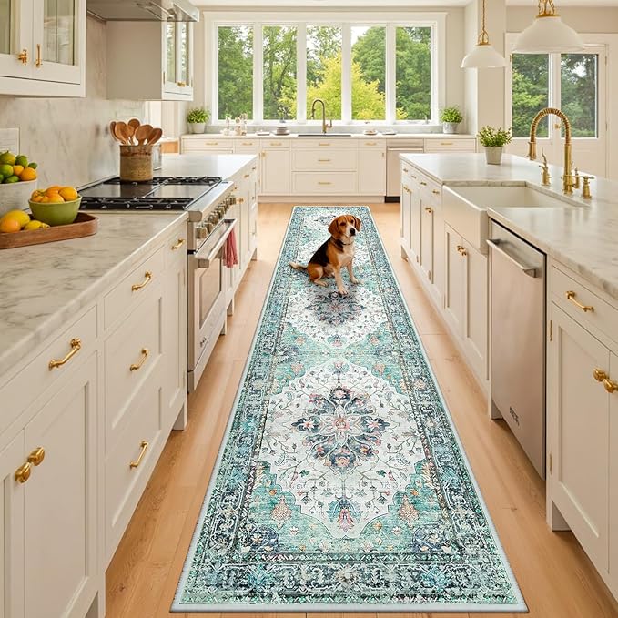 RELEANY Area Rugs 3'x10' Runner Rug Non Slip Washable for Kitchen Hallway Bedroom Beside Laundry Room Bathroom Rug, Floor Carpet, Green Navy Blue White Red Teal Colorful