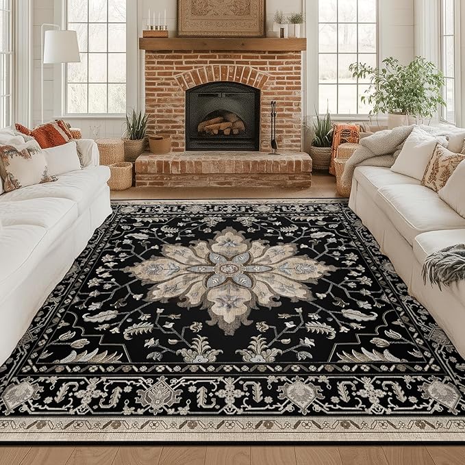 RELEANY Area Rugs Square 8ft Washable Non-Slip, Floral Vintage Distress Print Pattern Medallion Carpet for Living Room Bedroom Dining Room, Black Brown Neutral Dark Tan