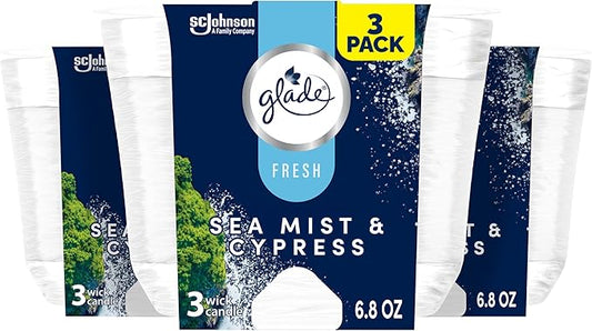 Glade 3-Wick Scented Candle Jar, Sea Mist & Cypress, Air Freshener Infused with Essential Oils, 6.8 Oz, 3 Count