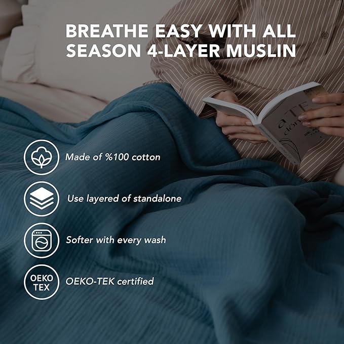 Goqan Muslin Blanket Queen 79x90 – 100% Turkish Cotton 4 Layer Boho Muslin Blanket for Adults, Four Season, Lightweight and Thin, Soft, Breathable for Bed - Teal