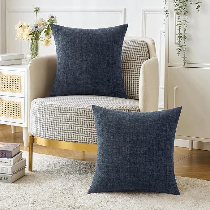 MIULEE Pack of 2 Navy Blue Throw Pillow Covers 16x16 Inch Soft Chenille Pillow Covers for Sofa Living Room Couch Solid Dyed Cases