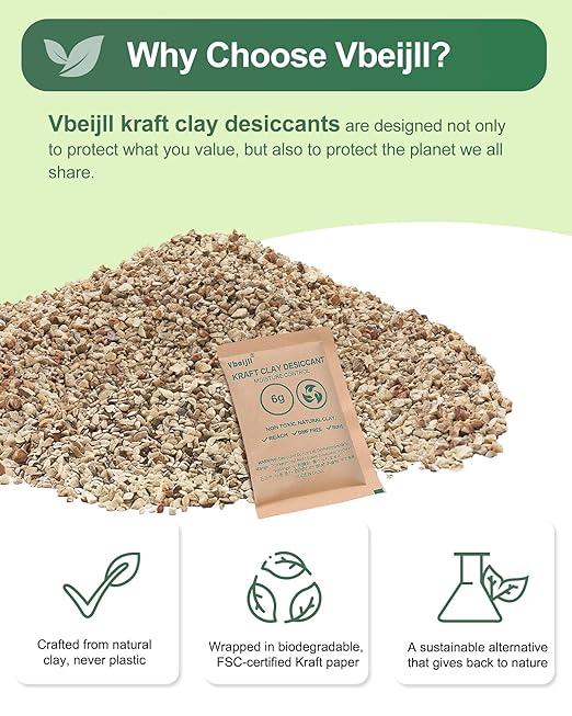 2 Gram (100 Pack) Kraft Clay Desiccants Packs, Premium Food Grade Desiccant - Rechargeable Moisture Absorbers for Food Storage, Electronics, 3D Filament & Safes