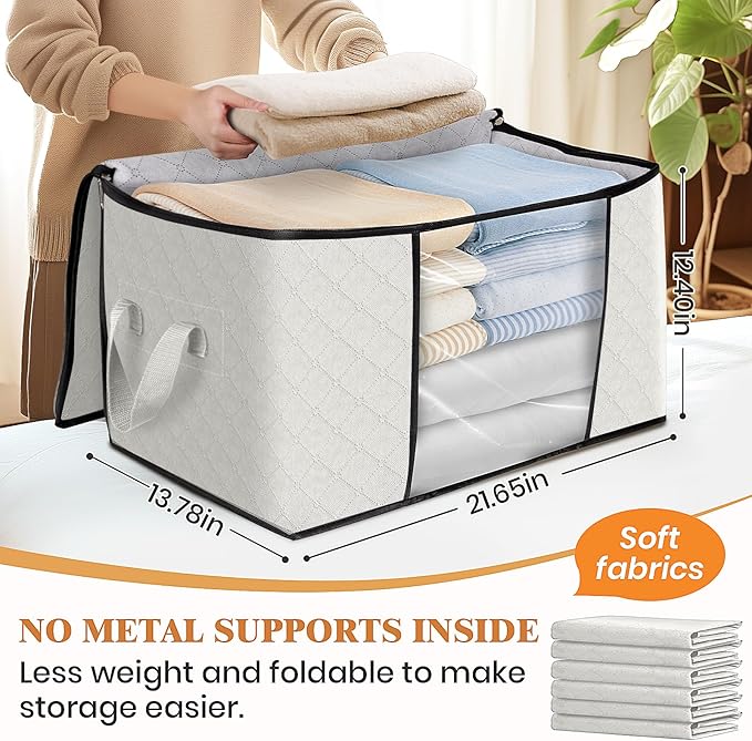 Fab totes 10 Pack Clothes Storage, Foldable Thick Fabric Blanket Storage Bags, Containers for Organizing Bedroom, Closet, Clothing, Comforter, Organization with Handle,Ivory White