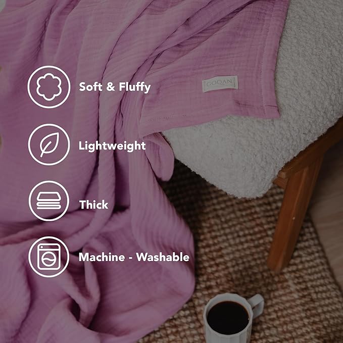 Goqan Throw Blanket 55x60 – 100% Turkish Cotton 4 Layer Boho Muslin Blanket for Adults, Four Season Blanket Lightweight and Thin, Soft, Breathable for Bed, Couch, Picnic - Pink