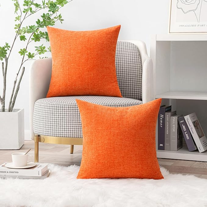 MIULEE Pack of 2 Bright Orange Throw Pillow Covers 16x16 Inch Soft Chenille Pillow Covers for Sofa Living Room Couch Solid Dyed Cases