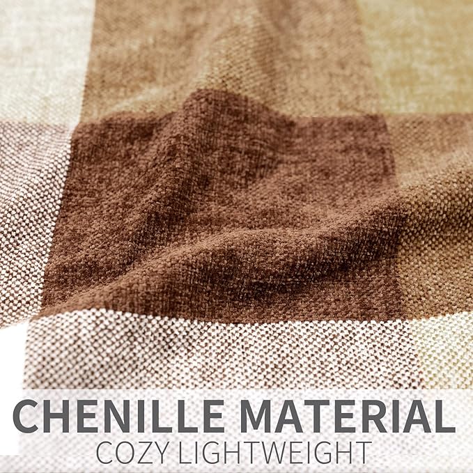 RECYCO Buffalo Paid Chenille Throw Blanket for Couch, Soft Cozy Decorative Buffalo Check Blanket Throw with Tassels for Bed Sofa, Lightweight Chenille Knitted Throw, Plaid Brown Off White, 50'' x 60''