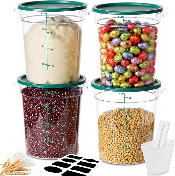 4QT NSF Round Food Storage Containers with Lids: 4 PCS [Total Food Grade][Hot&Cold Resistant] Dough Proofing Container for Pizza, Bread with Measuring Spoons Included(BPA FREE) (GREEN)