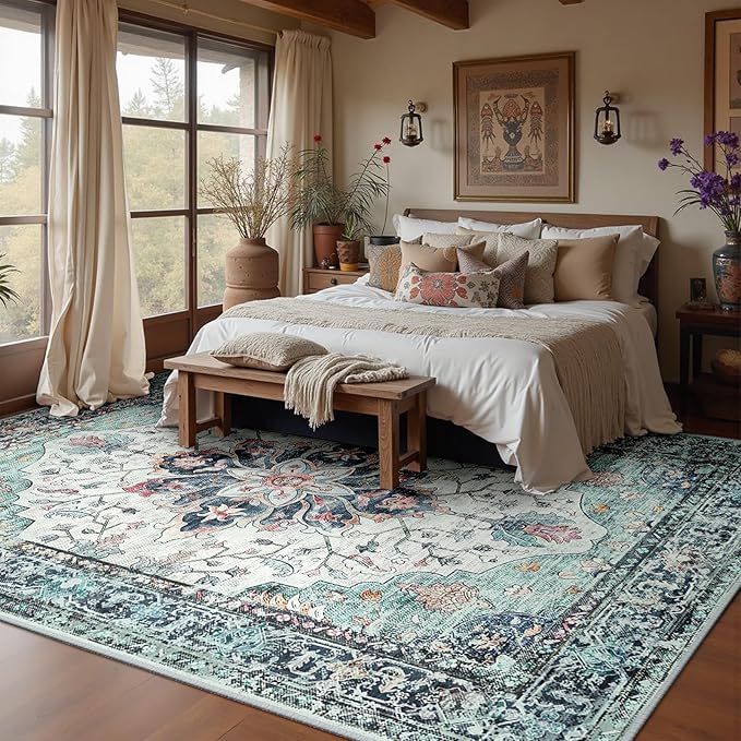 RELEANY Area Rugs 6'x9' Washable Non-Slip, Floral Vintage Distress Print Pattern Medallion Carpet for Living Room Bedroom Dining Room, Green Navy Blue White Red Teal Colorful