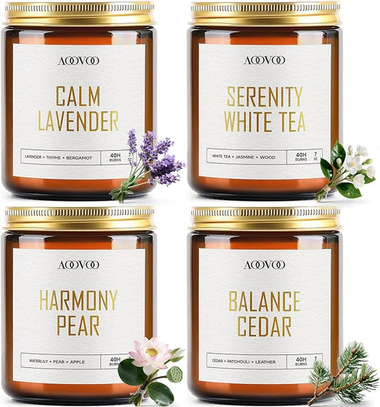 AOOVOO Healing Candle Set - 4PC Scented Candles, 28 oz Soy Candles, Soy Candle for Home Scented, Calm Lavender/Serenity White Tea/Harmony Pear/Balance Cedar