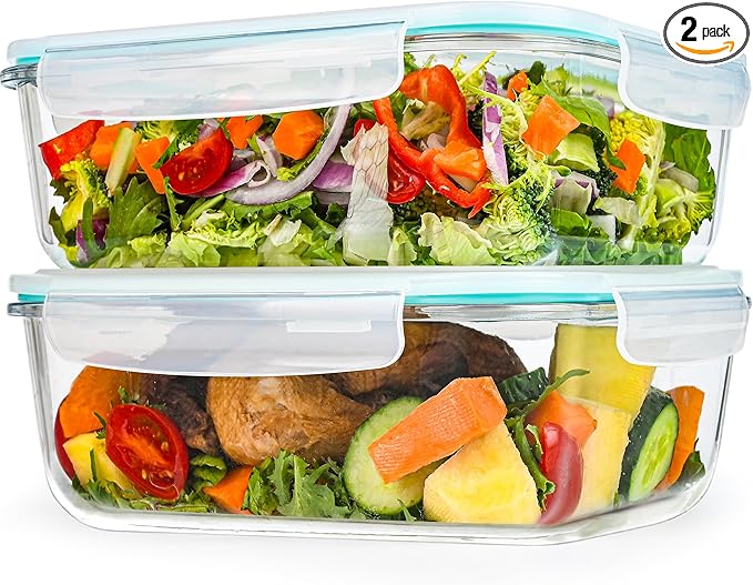 GEHE 9.8 Cup / 78 Oz Large Glass Food Storage Containers with Lids, 2 Pack Glass Meal Prep Containers Set with Airtight Locking Lids - Storing Food, Baking, Leakproof, Freezer, Microwave & Oven Safe
