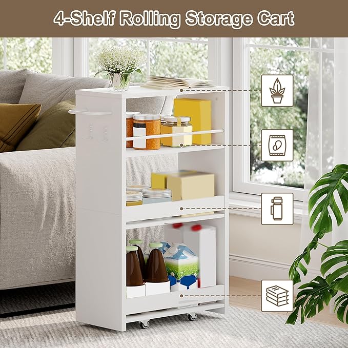 ChooChoo 4-Tier Slim Storage Cart with Handle, 7.87" W Rolling Utility Cart on Universal Wheels, Kitchen Cart Mobile Shelving Organization for Laundry Room, Bathroom & Narrow Places, White