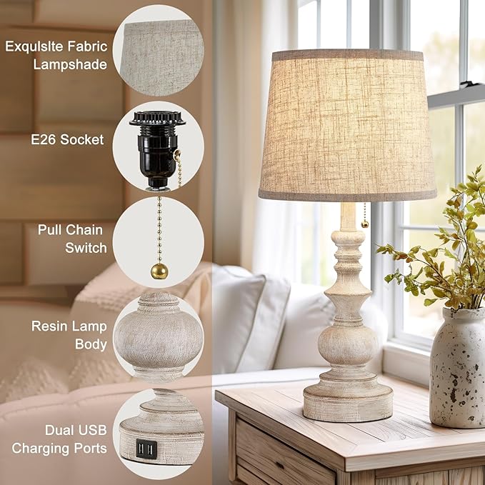 Drawealth Table Lamps for Bedrooms Set of 2 Farmhouse Bedside Lamps for Nightstand with USB Charging Ports Traditional Side Table Lamps for Living Room Wooden Finish, Pull Chain, Bulbs Not Included