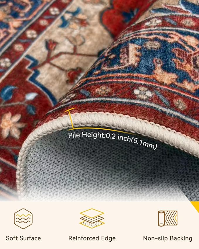 RELEANY Area Rugs 3'x5' Washable Non-Slip, Floral Vintage Distress Print Pattern Medallion Carpet for Living Room Bedroom Dining Room, Red Blue